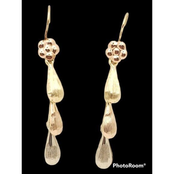 Real 14K Yellow, Rose & White Gold Hollow 3 Teardrops Hanging Earring womens